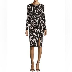 Tracy Reese Long Sleeve Bateau Neck Silk Dress Ecru Black Spider